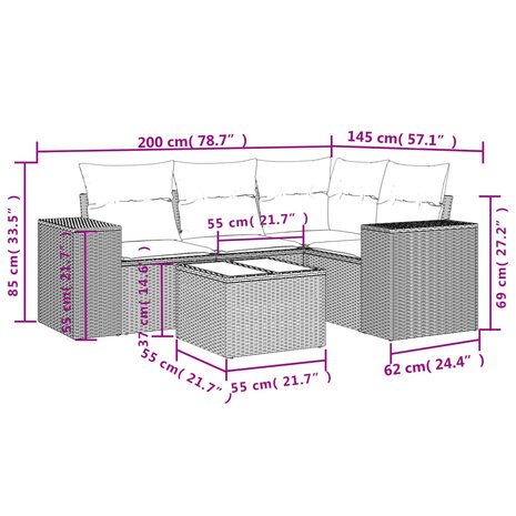 5-delige Loungeset met kussens poly rattan lichtgrijs