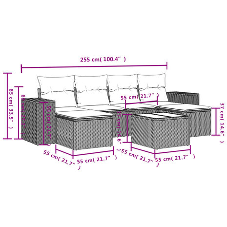 7-delige Loungeset met kussens poly rattan lichtgrijs