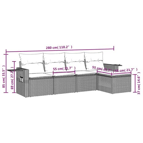 5-delige Loungeset met kussens poly rattan lichtgrijs