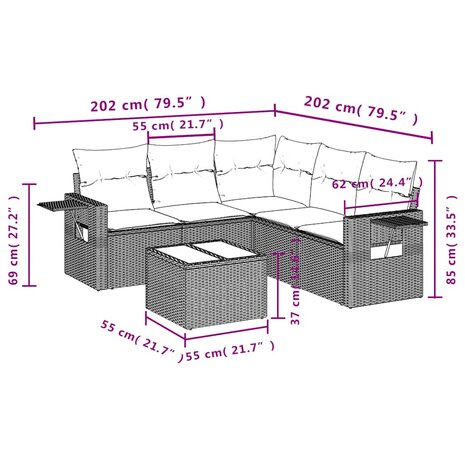 6-delige Loungeset met kussens poly rattan lichtgrijs