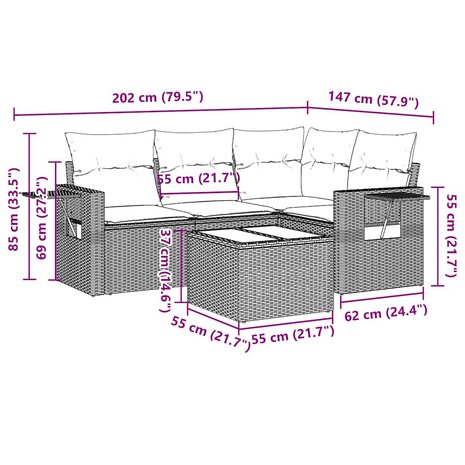 5-delige Loungeset met kussens poly rattan lichtgrijs