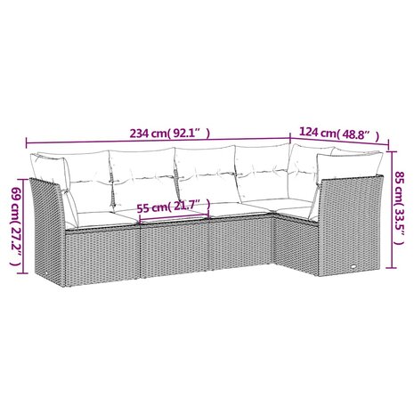 5-delige Loungeset met kussens poly rattan lichtgrijs