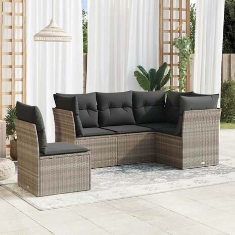 5-delige Loungeset met kussens poly rattan lichtgrijs