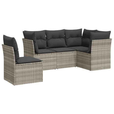 5-delige Loungeset met kussens poly rattan lichtgrijs
