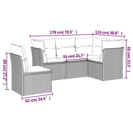 5-delige Loungeset met kussens poly rattan lichtgrijs