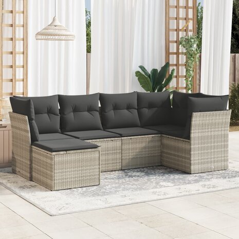 6-delige Loungeset met kussens poly rattan lichtgrijs
