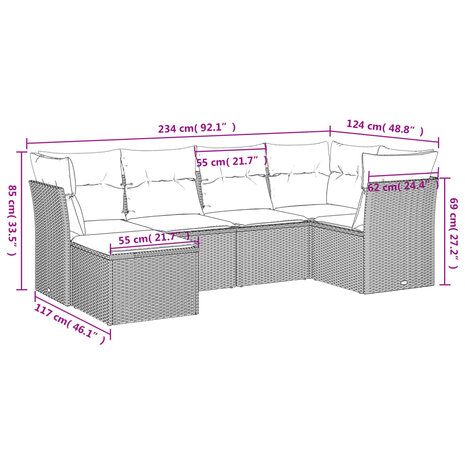 6-delige Loungeset met kussens poly rattan lichtgrijs