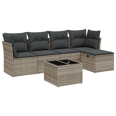 6-delige Loungeset met kussens poly rattan lichtgrijs