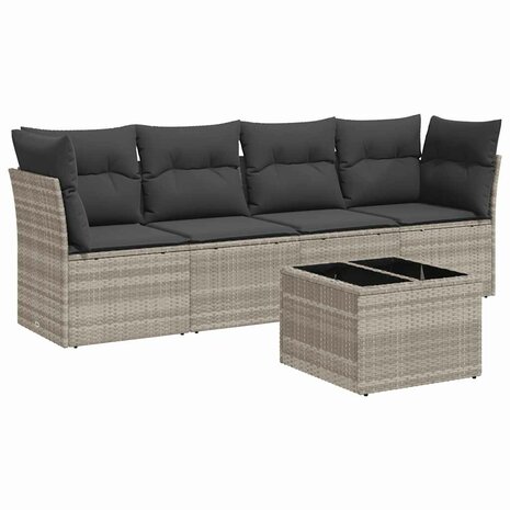 5-delige Loungeset met kussens poly rattan lichtgrijs