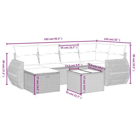 7-delige Loungeset met kussens poly rattan lichtgrijs