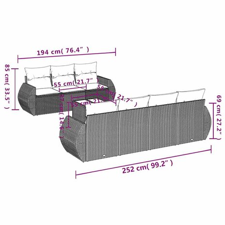 8-delige Loungeset met kussens poly rattan lichtgrijs