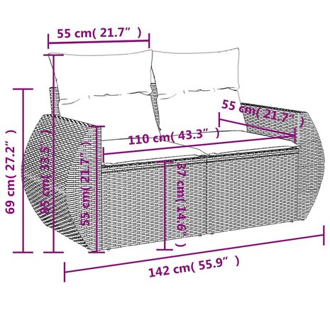 8-delige Loungeset met kussens poly rattan lichtgrijs
