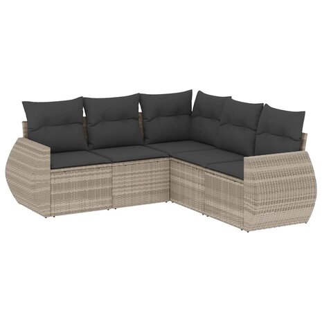 5-delige Loungeset met kussens poly rattan lichtgrijs