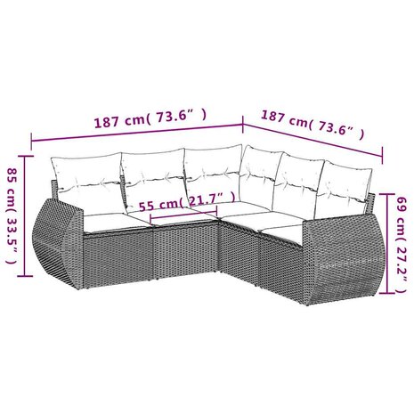 5-delige Loungeset met kussens poly rattan lichtgrijs