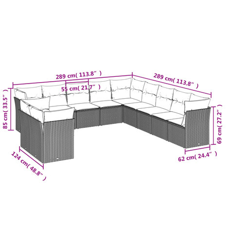 11-delige Loungeset met kussens poly rattan lichtgrijs