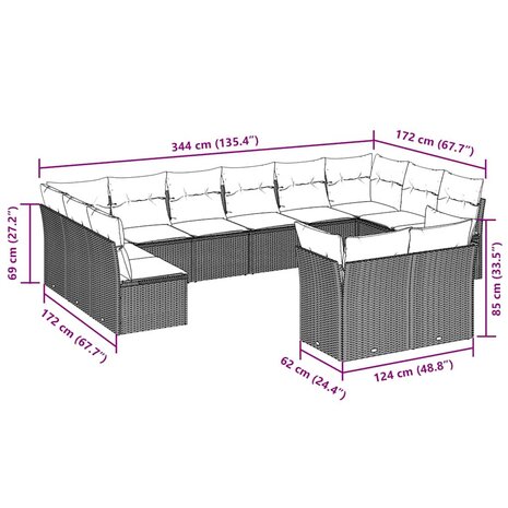 12-delige Loungeset met kussens poly rattan lichtgrijs