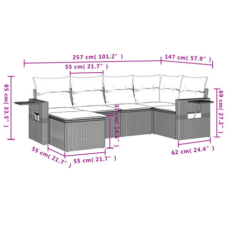 6-delige Loungeset met kussens poly rattan lichtgrijs