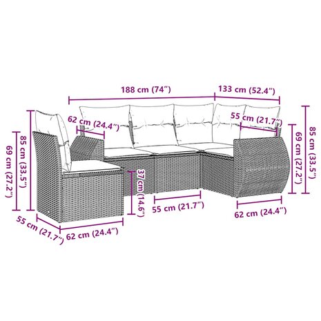 5-delige Loungeset met kussens poly rattan lichtgrijs