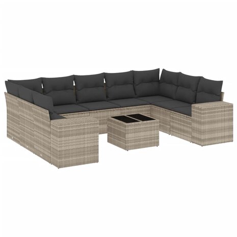 10-delige Loungeset met kussens poly rattan lichtgrijs