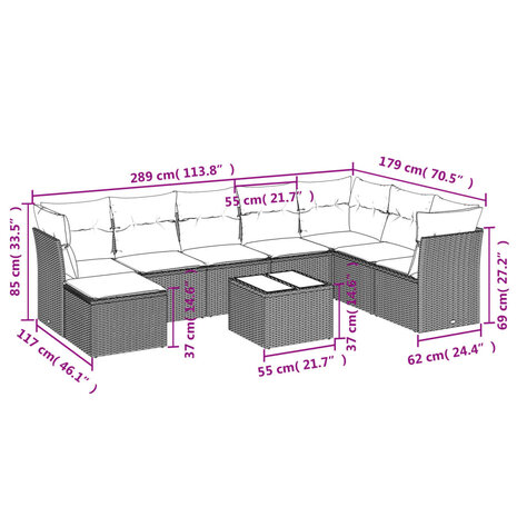9-delige Loungeset met kussens poly rattan lichtgrijs