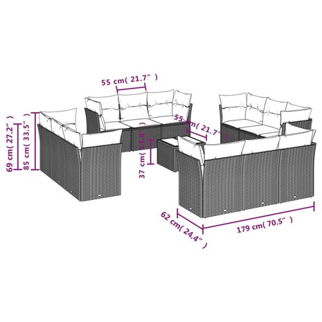 13-delige Loungeset met kussens poly rattan lichtgrijs