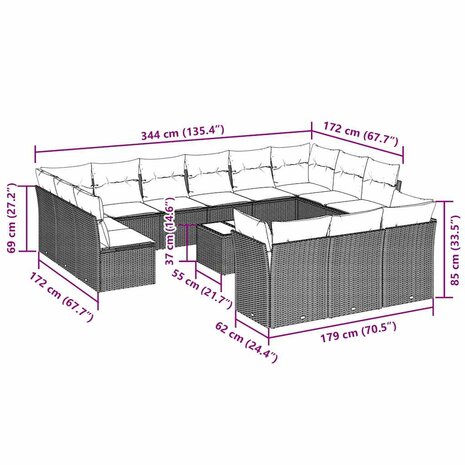 14-delige Loungeset met kussens poly rattan lichtgrijs