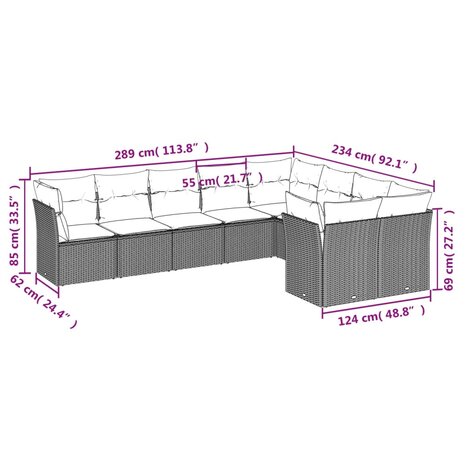 9-delige Loungeset met kussens poly rattan lichtgrijs