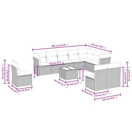11-delige Loungeset met kussens poly rattan lichtgrijs