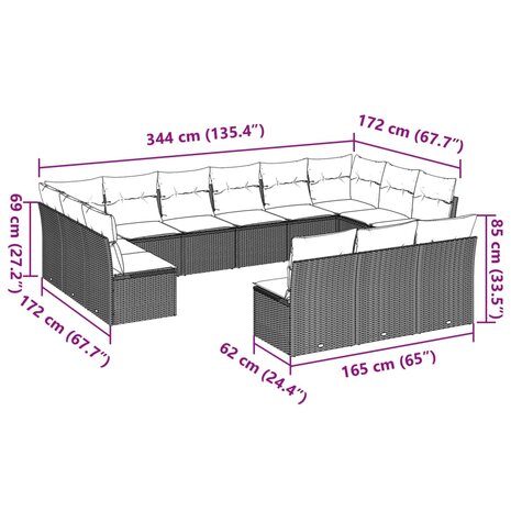 13-delige Loungeset met kussens poly rattan lichtgrijs