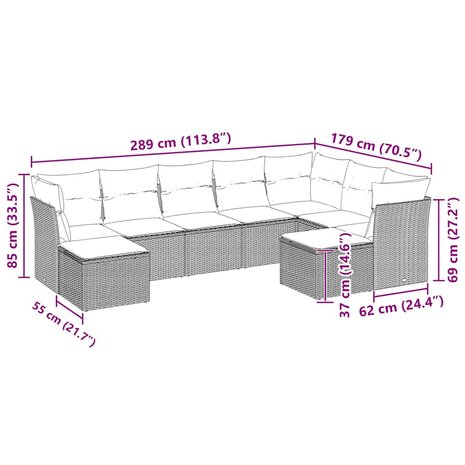 9-delige Loungeset met kussens poly rattan lichtgrijs