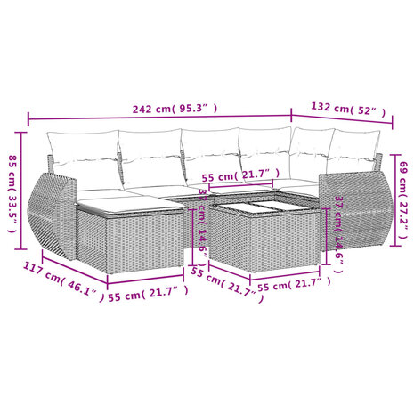 7-delige Loungeset met kussens poly rattan lichtgrijs