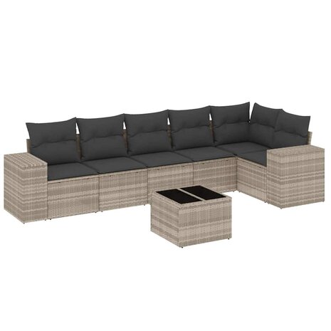 7-delige Loungeset met kussens poly rattan lichtgrijs