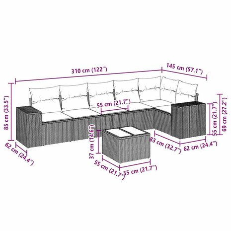 7-delige Loungeset met kussens poly rattan lichtgrijs