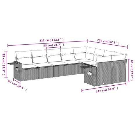 9-delige Loungeset met kussens poly rattan lichtgrijs