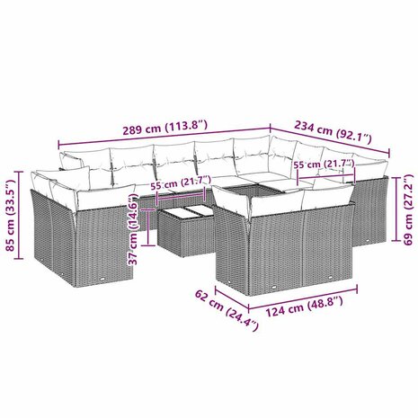 13-delige Loungeset met kussens poly rattan lichtgrijs
