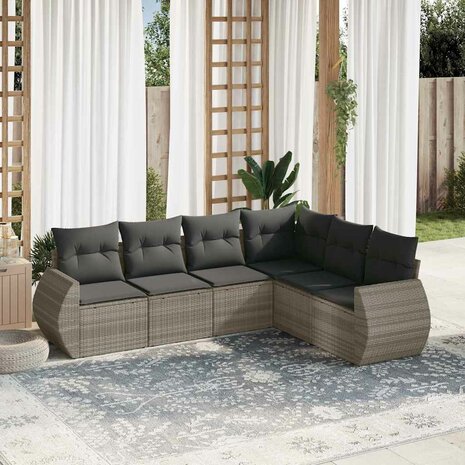 6-delige Loungeset met kussens poly rattan lichtgrijs