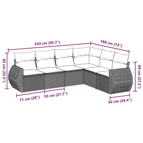 6-delige Loungeset met kussens poly rattan lichtgrijs