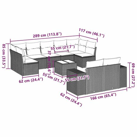 10-delige Loungeset met kussens poly rattan lichtgrijs