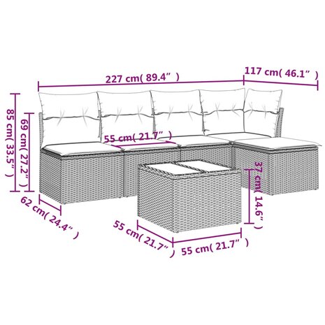 6-delige Loungeset met kussens poly rattan lichtgrijs
