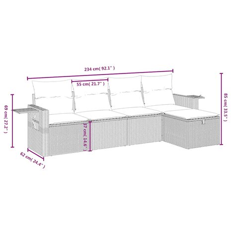 5-delige Loungeset met kussens poly rattan lichtgrijs