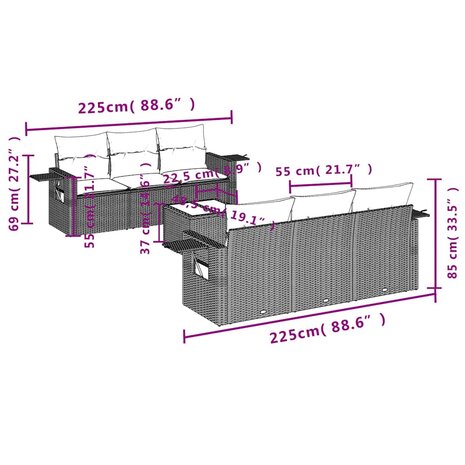 7-delige Loungeset met kussens poly rattan lichtgrijs