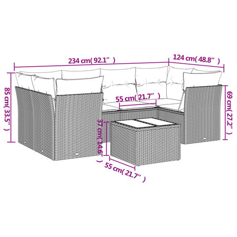 7-delige Loungeset met kussens poly rattan lichtgrijs