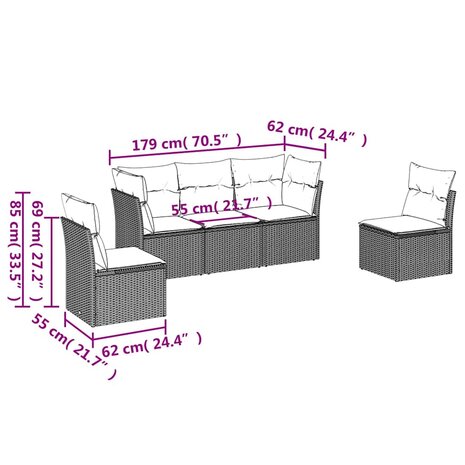 5-delige Loungeset met kussens poly rattan lichtgrijs