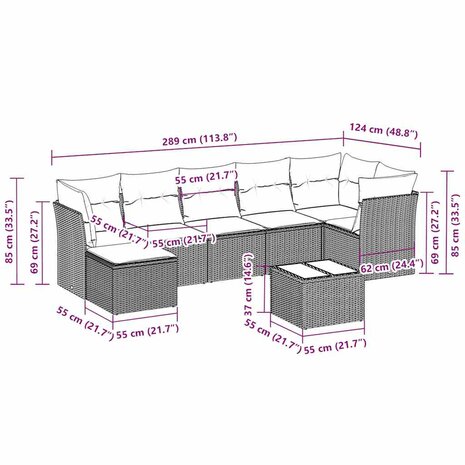 8-delige Loungeset met kussens poly rattan lichtgrijs