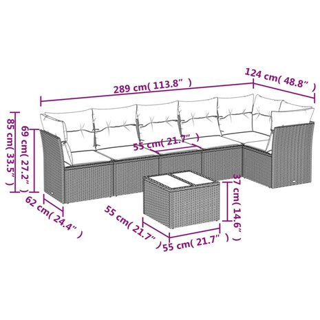 7-delige Loungeset met kussens poly rattan lichtgrijs