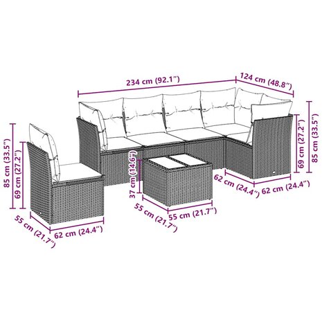 7-delige Loungeset met kussens poly rattan lichtgrijs