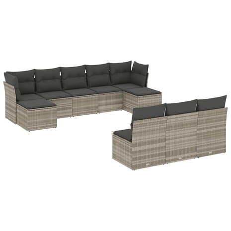 10-delige Loungeset met kussens poly rattan lichtgrijs