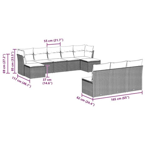 10-delige Loungeset met kussens poly rattan lichtgrijs