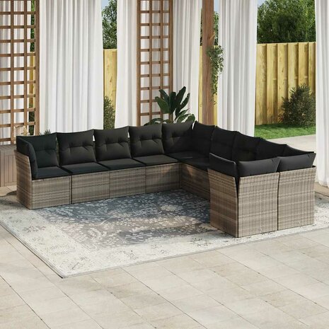 10-delige Loungeset met kussens poly rattan lichtgrijs