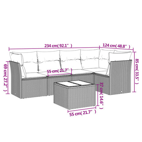 6-delige Loungeset met kussens poly rattan lichtgrijs